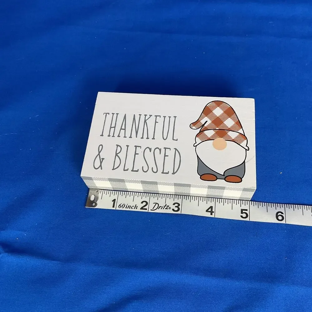 Thankful & Blessed Wooden Block Sign Buffalo Plaid Fall Gnome Thanksgiving Decor
